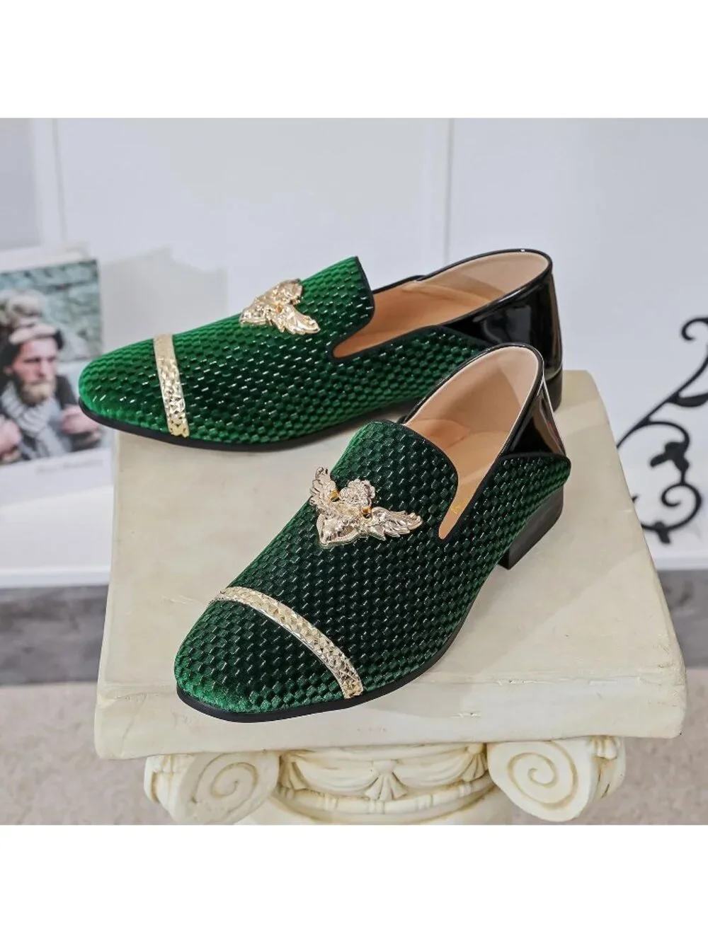 FQEQNQG Men's Green Velvet Loafers Metal Buckle Shiny Slip On Classic Shoes